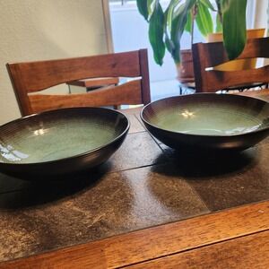 Over And Back R.S.V.P. Green & Brown Embossed Rings 8"  Pasta Cereal Bowl Set 2